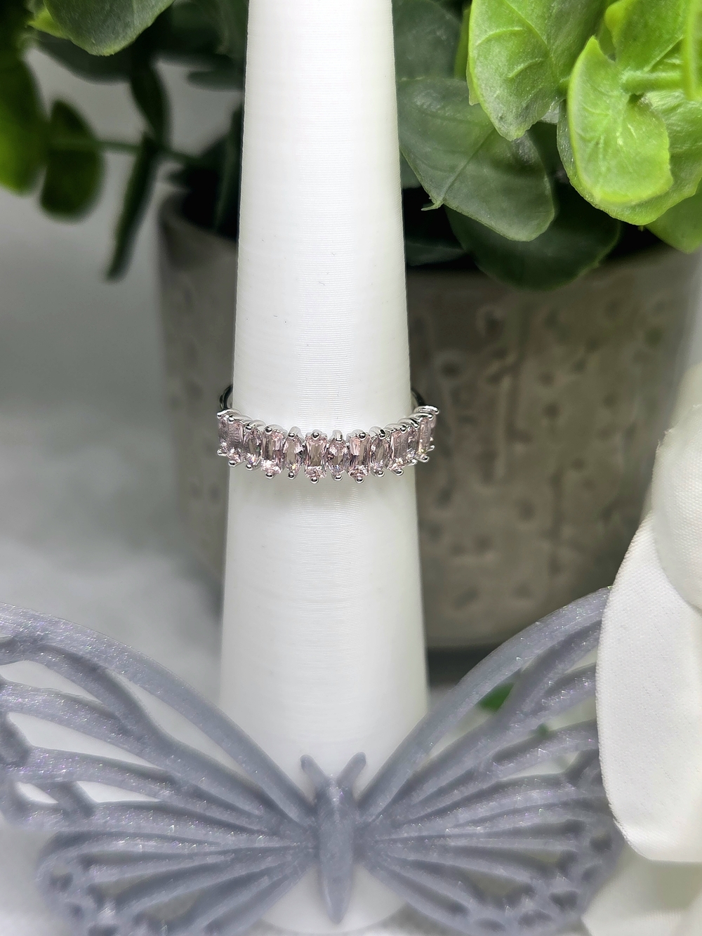 Delicate Pink Stone Silver Band Ring